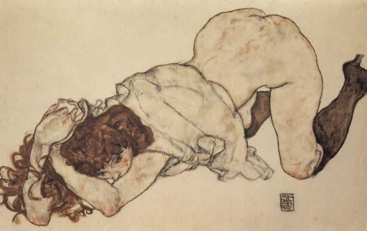 Egon Schiele Kneeling girl on both elbows supported